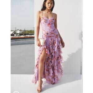 Patbo Floral Gown Size 4 Formal Ruched Flutter Ruffle Chiffon Designer $1100